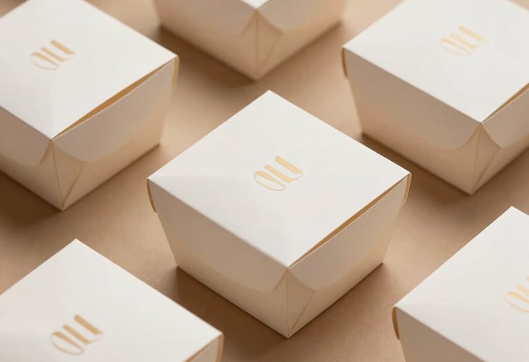 Clean minimalist branded takeout packaging boxes with elegant corporate logos, curated flat lay composition with warm earthy tone backgrounds, professional lighting.