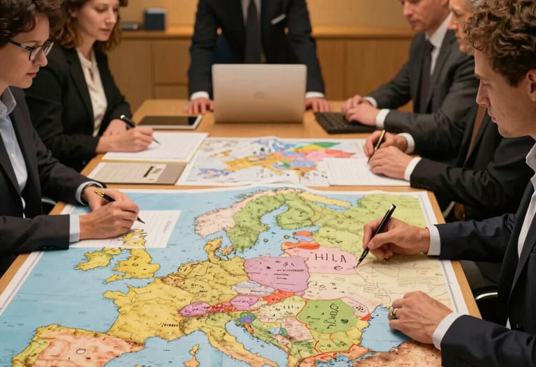 A dynamic professional business meeting in a warm-toned office in Germany, maps of Central Europe laid out on a table, people collaborating under warm ambient light.