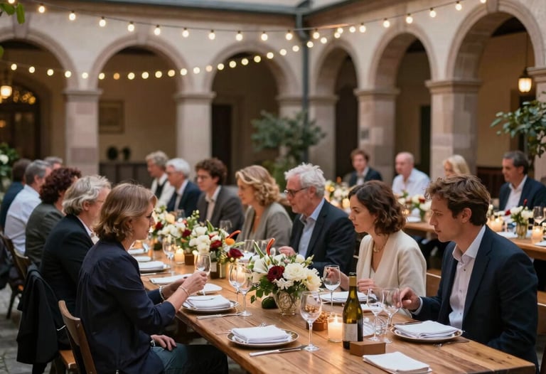 An elegant outdoor catering event in a historic German courtyard, beautifully decorated long wooden tables under soft warm string lights, guests enjoying dining, high-end atmosphere.