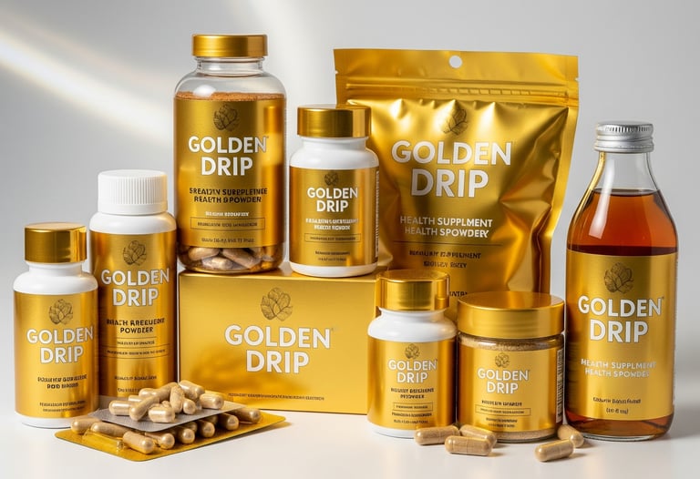 a variety of golden drizzled products including a gold dropper