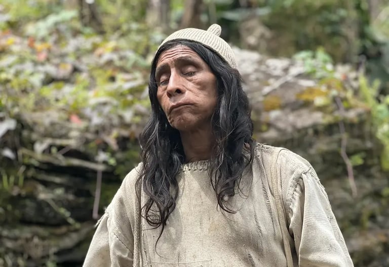 Portrait of an indigenous Kogui man with long dark hair and traditional woven clothing in a forest.