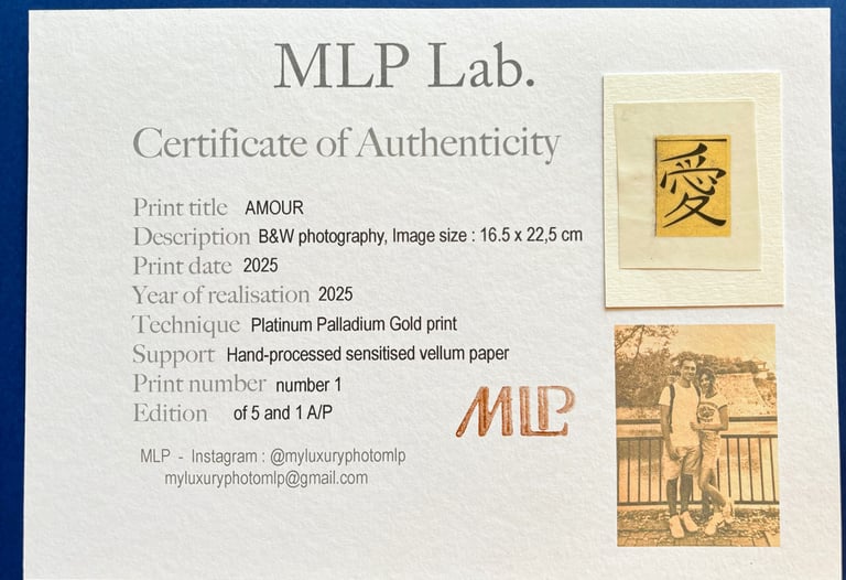 a certificate of Authenticity of a Gold and Platinum print