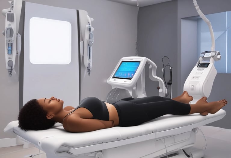 A close-up shot of a device being used on skin, featuring a transparent orange suction cap attached to a white handheld machine. The image provides a detailed view, focusing on the interaction between the device and the skin.