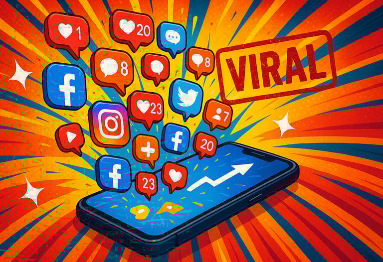 Smartphone overwhelmed with viral social media engagement and notifications.