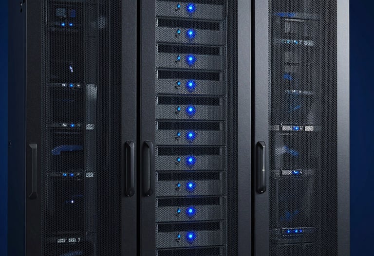 Clean, professional photograph of high-end server racks in a secure data center, with soft sky blue indicator lights against a deep navy blue background. North American / US infrastructure style.