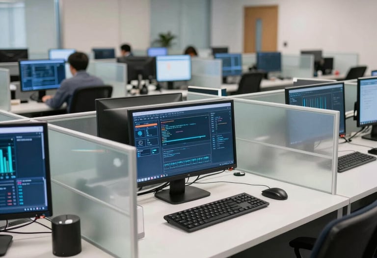 A wide shot of an enterprise operations center in a North American city, featuring deep navy blue monitors and clean white glass partitions, symbolizing cutting-edge tech.