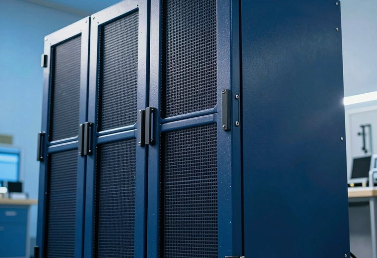 Industrial photography of a sleek, dark blue mainframe unit within a high-security North American facility, bathed in sharp sky blue light.