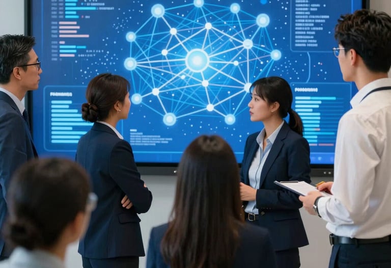 Sophisticated office environment where people in professional North American business attire collaborate around a large screen showing network diagrams in vibrant blue.