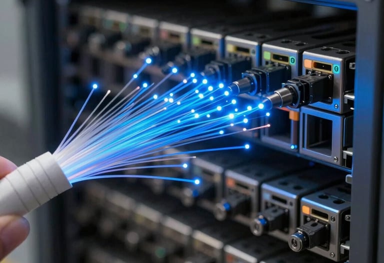 Micro-photography of a high-speed fiber optic cable glowing with vibrant blue data pulses in a North American / US network hub.