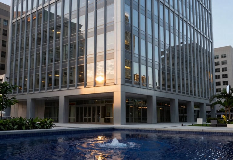 Clean, structured composition of a modern glass-and-steel North American office building reflected in a navy blue fountain at dawn.