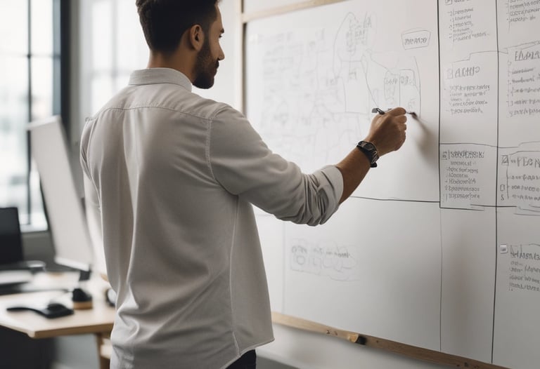 A focused professional in a modern office, collaborating with a leadership team around a strategy whiteboard.