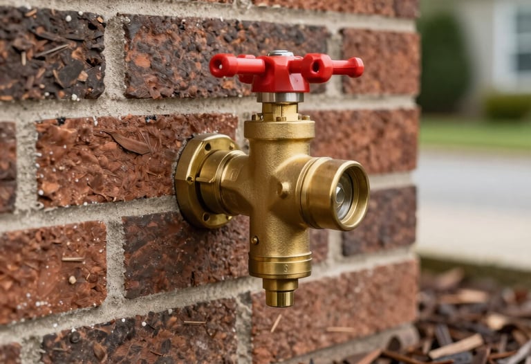 Close-up of a brass pressure vacuum breaker valve on the side of a North Carolina brick residential home, neatly installed and surrounded by clean mulch.