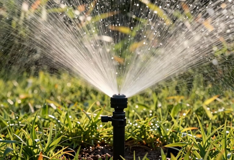 A lawn sprinkler head spraying a gentle mist over a lush green garden bed in Southern Pines, North Carolina, with warm morning sunlight illuminating the droplets.