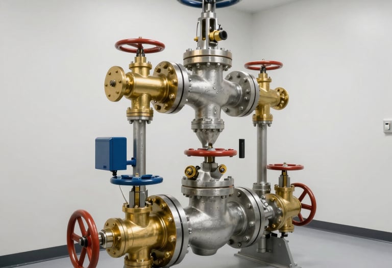 Wide shot of a clean commercial utility room in Pinehurst, North Carolina, showing a large industrial backflow prevention valve system made of steel and brass, perfectly maintained and brightly lit.