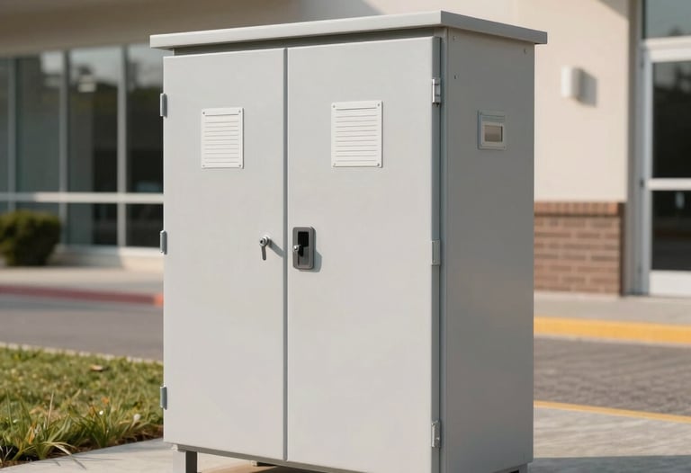 An outdoor commercial backflow preventer enclosure, durable insulated metal hot box on a concrete pad next to an office building, warm daylight, clean modern professional style.