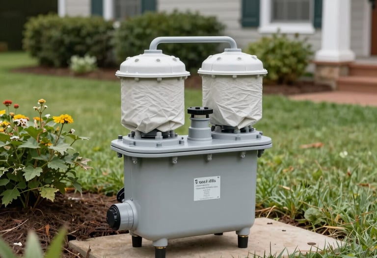 High-quality daytime shot of a neatly landscaped yard in Hope Mills NC, with a residential backflow prevention device properly insulated and protected, blending seamlessly with the surrounding garden.