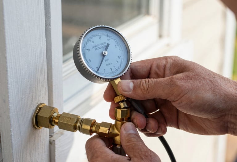 Close-up photograph of a professional technician's hands using digital gauge meters to perform certified backflow testing on a brass utility connection outside a home in North Carolina. Morning sunlight, sharp focus.