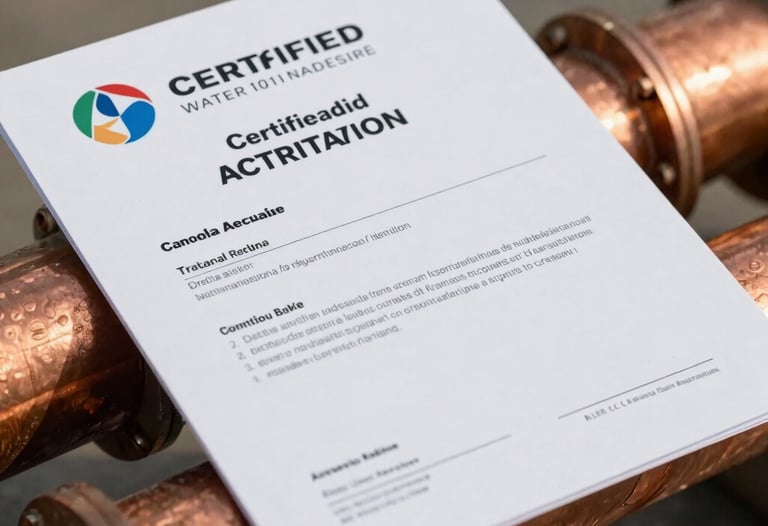 Close-up detail of a certified water safety certificate document placed on top of a heavy-duty copper backflow pipeline, with soft golden hour light, shallow depth of field, professional corporate look.