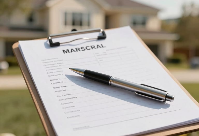 A professional clipboard containing a clean backflow inspection sheet, a metal pen resting on top, with a beautiful residential house blurred in the warm sunny background.