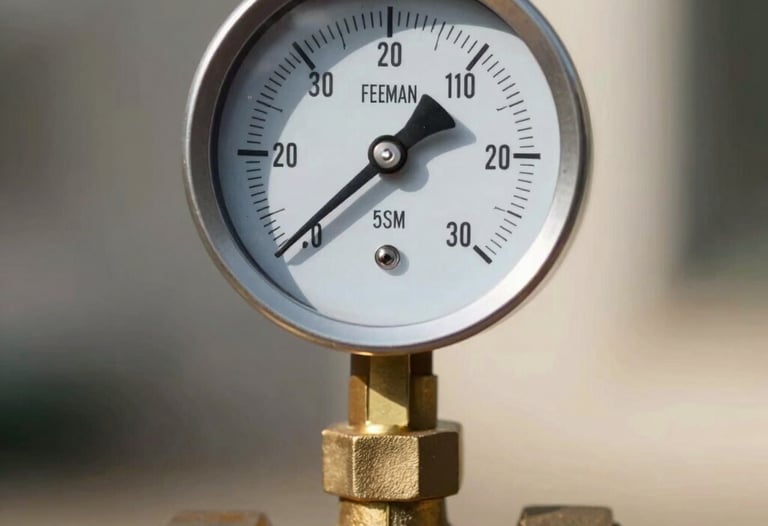 A close-up of a pressure gauge attached to a solid brass backflow assembly valve, displaying accurate testing metrics under bright morning sunlight.