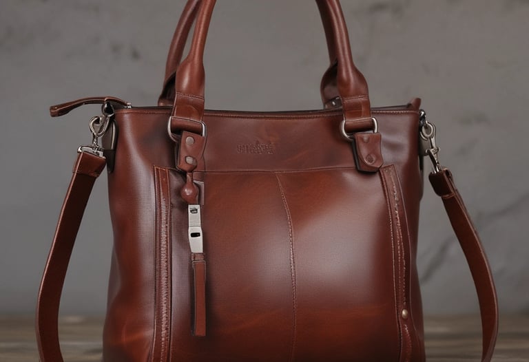 Two stylish bags with black and red leather accents are elegantly displayed on a patterned surface. The bags feature sleek designs with prominent black straps and zippers. The red sections have a glossy finish with a script-like embellishment.