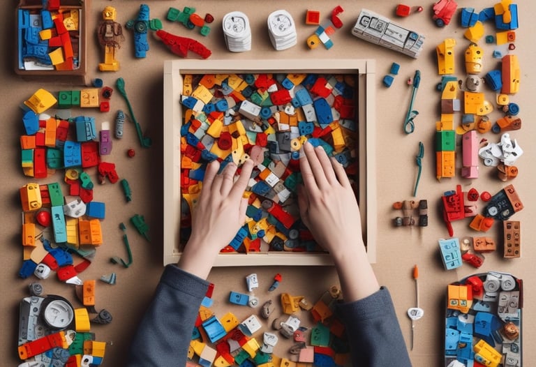 Hands assembling a rare LEGO train set, showcasing the hobbyist’s focus and care.