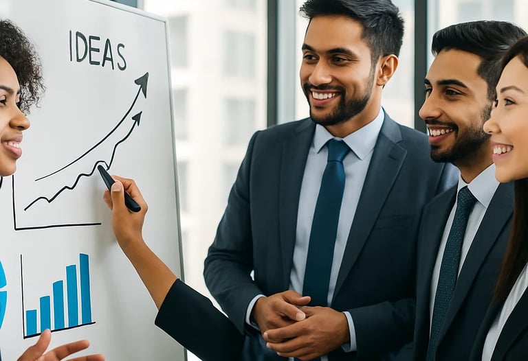 a group of business people standing around a white board board