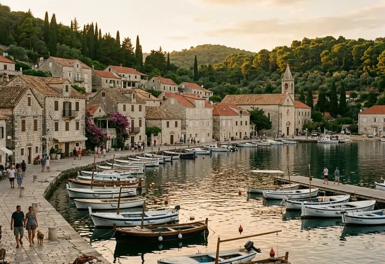 Šipan harbour village with stone houses and fishing boats at golden hour