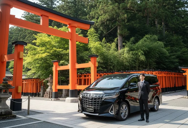 Private driver and luxury vehicle at Fushimi Inari Shrine Kyoto.