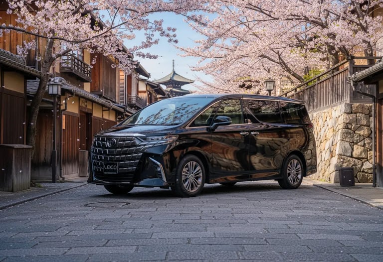 Luxury private tour van in Kyoto Gion district during cherry blossom.