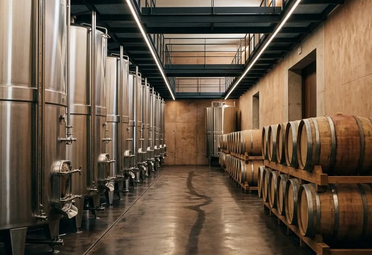 Bodega Torres cellar with stainless steel fermentation tanks and oak barrels in Pene