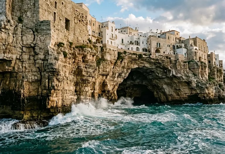 Polignano a Mare limestone cliffs with sea cave and turquoise Adriatic waves Puglia