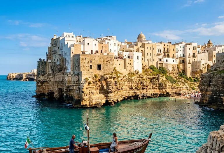 Traditional wooden boat approaching Polignano a Mare cliffside town from the Adriatic Sea