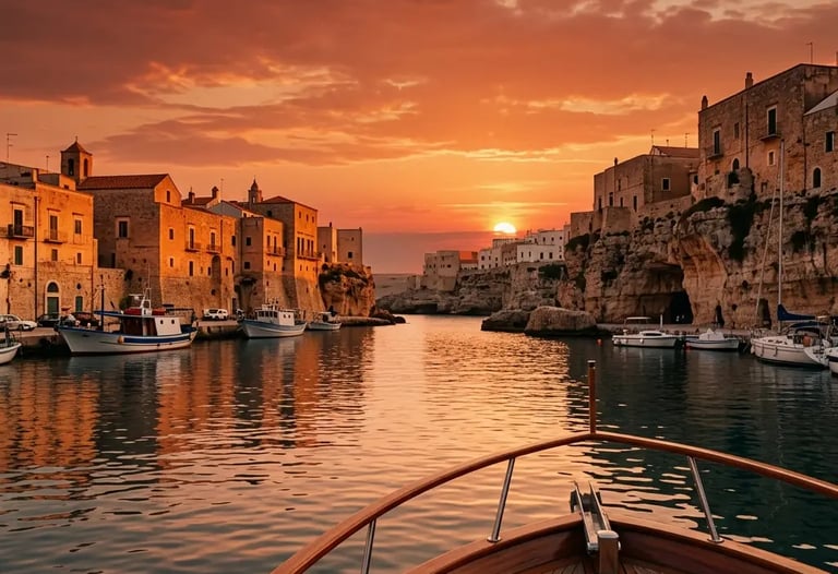 Dramatic sunset over Monopoli harbor viewed from teak bow of classic Italian boat