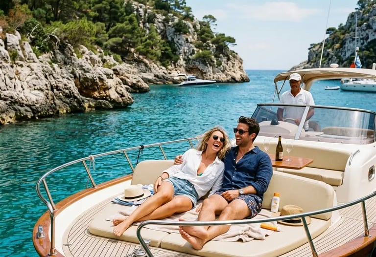 Couple relaxing on Azure Voyage Dubrovnik private speedboat in turquoise cove
