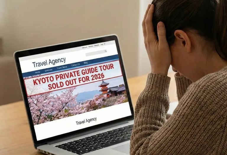 Frustrated traveler looking at a laptop screen displaying sold out warnings for Kyoto private guide 