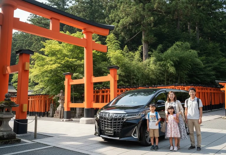 Family with private Toyota Alphard charter at Fushimi Inari Shrine Kyoto.