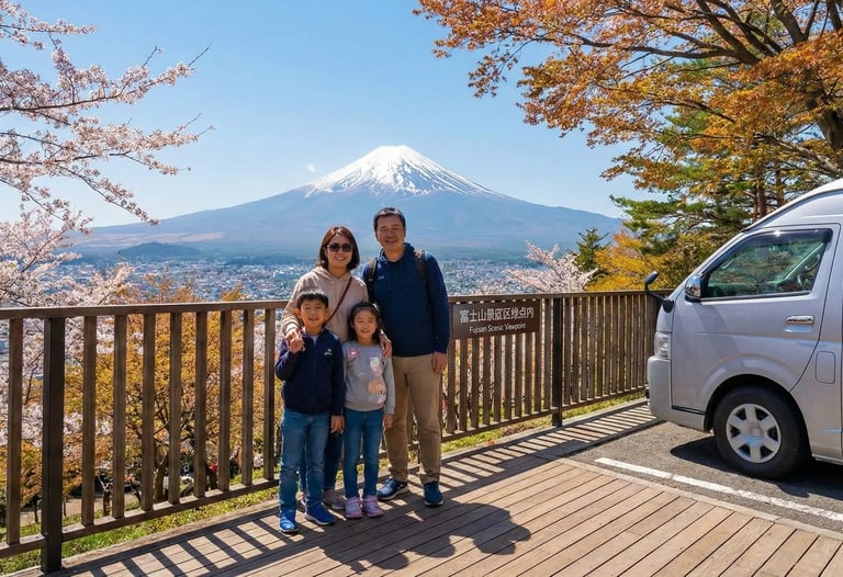 Family standing on a wooden observation deck with cherry blossoms and a parked private tour van, ove