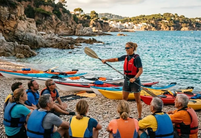 Certified sea kayak instructor demonstrating paddle technique to small group