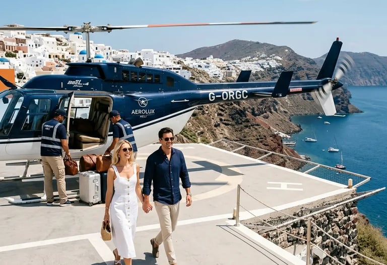 Couple walking from private helicopter on Santorini helipad with Aegean Sea views