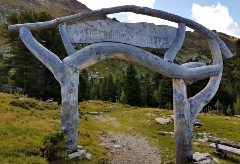 Rustic wooden hiking trail archway in the Tyrolean mountains, Austria.