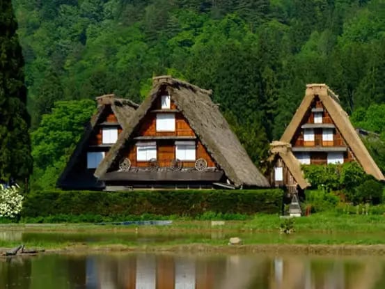 Traditional thatched-roof farmhouses in the Japanese Alps