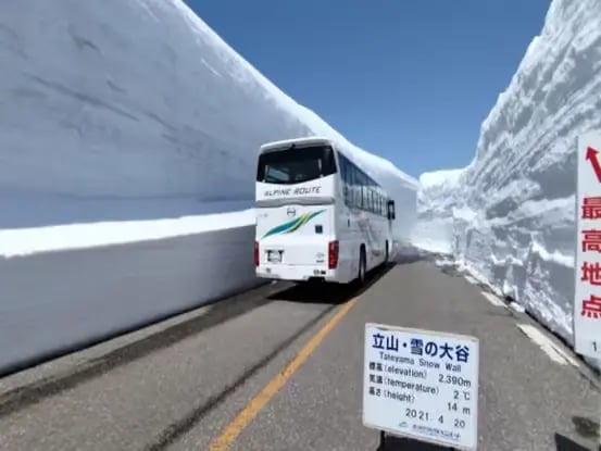 Tour bus driving through the massive Tateyama Snow Wall