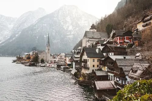 Iconic view of Hallstatt village and the Alpine lake in Austria.
