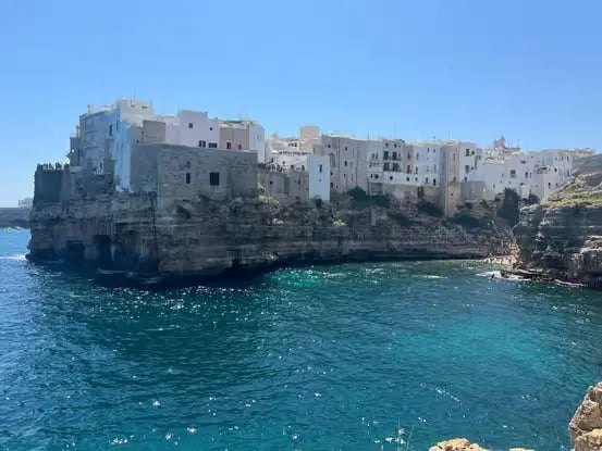 Polignano a Mare whitewashed old town perched on limestone cliffs above Adriatic Sea