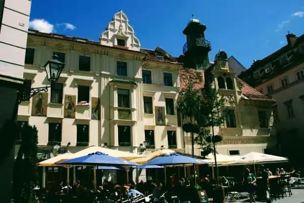 The historic Hauptplatz main square in Graz featuring monumental architecture