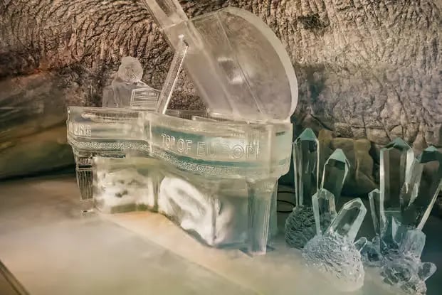 Ice piano sculpture inside the Ice Palace at Jungfraujoch Top of Europe