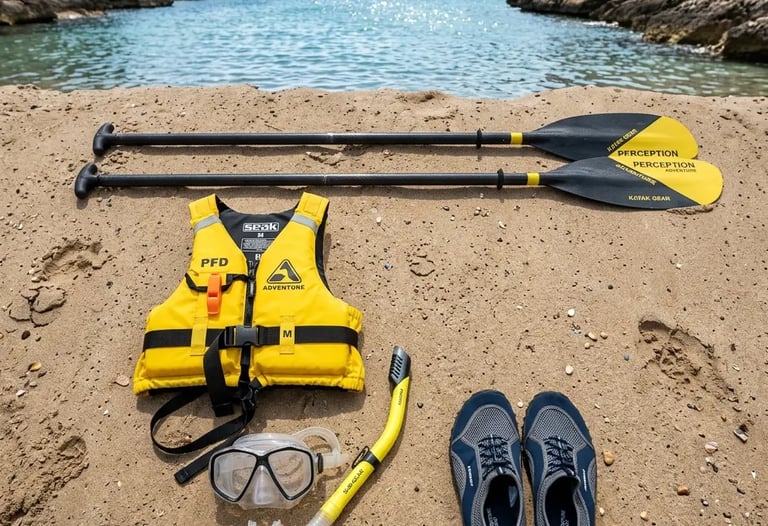 Kayak paddles, life jacket, snorkel mask, and water shoes on a Costa Brava beach