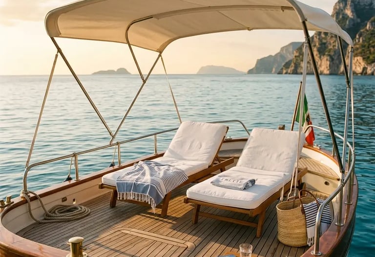 Shaded white loungers on handcrafted Italian wooden boat deck at golden hour Adriatic