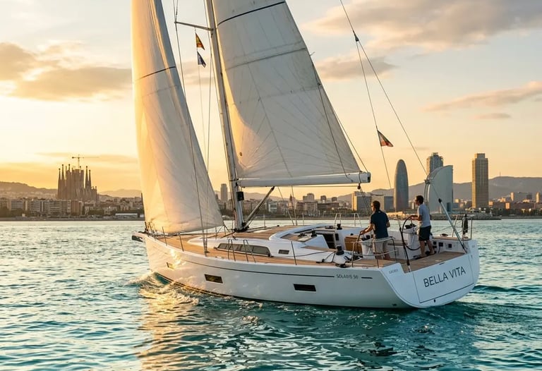 Luxury Italian sailing yacht cruising Barcelona coast at golden hour with Sagrada Familia skyline